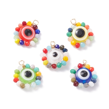 Wire Wrapped Glass & Resin Pendants, with Brass Findings, Flat Round with Evil Eye, Mixed Color, 18x16x6mm, Hole: 1.5mm