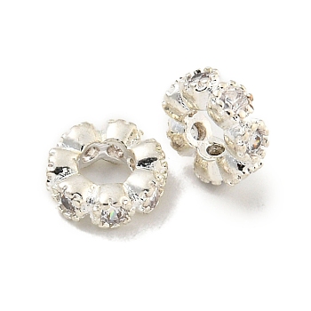 Brass Cubic Zirconia Spacer Beads, Long-Lasting Plated, Lead Free & Cadmium Free, Flat Round, Silver, 6x2mm, Hole: 2.8mm