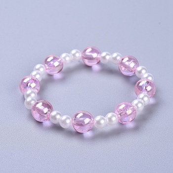 Transparent Acrylic Imitated Pearl  Stretch Kids Bracelets, with Transparent Acrylic Beads, Round, Pink, 1-7/8 inch(4.7cm)