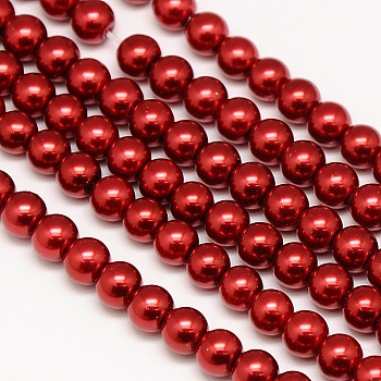 Eco-Friendly Dyed Glass Pearl Round Bead Strands, Cotton Cord Threaded, Red, 6mm, Hole: 0.7~1.1mm, about 72pcs/strand, 15 inch