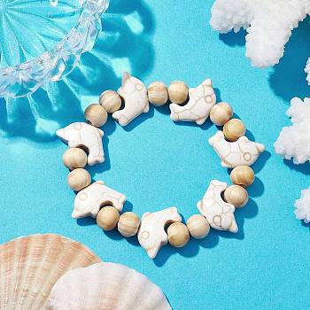 Beach Dolphin Dyed Synthetic Turquoise Stretch Bracelets, Summer Wood Beaded Kid Bracelets for Girls, Floral White, Inner Diameter: 1-3/4 inch(4.5cm), Bead: 7x8~8.5mm, Dolphin: 12x19.5mm