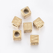 304 Stainless Steel Large Hole Letter European Beads, Horizontal Hole, Cube with Letter.W, Golden, 8x8x8mm, Hole: 5mm(X-STAS-H428-01G-W)