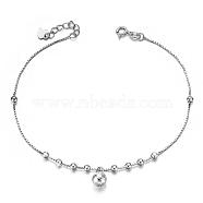 SHEGRACE Rhodium Plated 925 Sterling Silver Anklet, with Round Charm, Platinum, 8-1/4 inch(210mm)(JA63A)