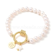 Stretch Charm Bracelets, with Natural Pearl Potato Beads, Star Shell Beads and Brass Findings, Flat Round with Word Thankful Grateful Blessed, Golden, Inner Diameter: 2 inch(5cm)(BJEW-JB05639-02)