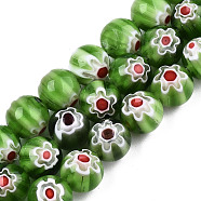 Handmade Millefiori Glass Beads Strands, Round with Flower Pattern, Lime Green, 10mm, Hole: 1.2mm, about 36~38pcs/strand, 13.78 inch~14.88 inch(35cm~37.8cm)(LK-T001-10I)