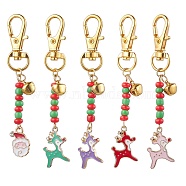 Christmas Theme Alloy Enamel Pendant Decorations, Glass Seed Beaded and Zinc Alloy Lobster Claw Clasps Charms, Deer & Santa Claus, Golden, 78~85mm(HJEW-MZ00059)