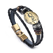 Braided Leather Cord Retro Multi-strand Bracelets, with Wood Beads, Hematite Beads and Alloy Findings, Flat Round,  Antique Bronze, Gemini, 8-1/4 inch(21cm)(BJEW-L616-20C)