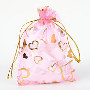 Heart Printed Organza Bags, Gift Bags, Rectangle, PeachPuff, 14x10cm(X-OP-R022-10x15-02)
