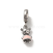 304 Stainless Steel Enamel European Dangle Charms, Large Hole Pendants, Girl, Antique Silver, Pink, 23mm, Pendant: 14x7.5x5mm, Hole: 4.5mm(STAS-G308-19AS-02)