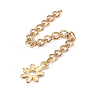 304 Stainless Steel Chain Extender, Curb Chain, with 202 Stainless Steel Charms, Flower, Golden, 63mm, Link: 3.7x3x0.5mm, Flower: 10.5x8x0.4mm(STAS-F268-41G)