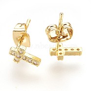 Brass Ear Studs, with Cubic Zirconia, Lead Free & Cadmium Free & Nickel Free, Cross, Clear, Golden, 8x5x1.5mm, Pin: 0.8mm(EJEW-P157-06G-NR)