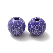 Halloween Printed Spider Webs Colored Wood European Beads, Large Hole Beads, Round, Purple, 16mm, Hole: 4mm(WOOD-K007-04B)