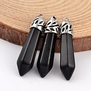 Bullet Natural Obsidian Pendants, with Platinum Plated Alloy Findings, 33~40x8~10mm, Hole: 3x2mm(X-G-E332-C03)