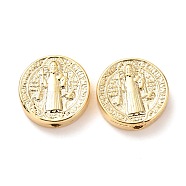 Brass Beads, Long-Lasting Plated, Flat Round with Saint, Real 18K Gold Plated, 14x4mm, Hole: 1.8mm(KK-G399-32A)