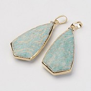 Natural Flower Amazonite Pendants, with Golden Tone Brass Findings, Triangle, Fceted, 34~35x16~17x6~7mm, Hole: 4x5.5mm(G-F386-02)