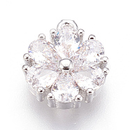 Brass Charms, with Cubic Zirconia, Flower, Clear, Platinum, 11x9.5x3mm, Hole: 0.8mm(KK-O106-22P)