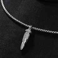 Fashionable Hip-hop Style Brass Full Crystal Rhinestone Bullet Shaped Pendant Box Chain Necklaces for Men, Platinum, 23.62 inch(60cm)(CU1722-2)