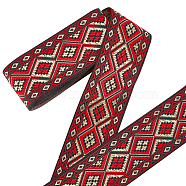 7M Ethnic Style Embroidery Polyester Ribbons, Jacquard Ribbon, Tyrolean Ribbon, Garment Accessories, Rhombus Pattern, Dark Red, 2 inch(50mm), about 7.66 Yards(7m)/pc(OCOR-WH0020-17)