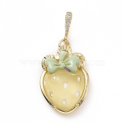 Opaque Resin Pendants, Strawberry Charm, with Brass Micro Pave Clear Cubic Zirconia Findings, Cadmium Free & Lead Free, Real 18K Gold Plated, Pale Goldenrod, 27.5x19.5x10mm, Hole: 4.5x7mm(KK-G406-51G-02)