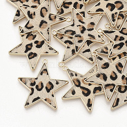 Eco-Friendly Cowhide Leather  Pendants, with Golden Plated Alloy Cabochon Settings, Star with Leopard Print Pattern, Wheat, 36.5x35x2~3mm, Hole: 1.8mm(FIND-N049-02K)