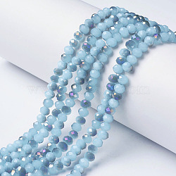 Electroplate Glass Beads Strands, Imitation Jade, Half Purple Plated, Faceted, Rondelle, Light Sky Blue, 6x5mm, Hole: 1mm, about 92~94pcs/strand, 17~17.5 inch(42.5~43.75cm)(EGLA-A034-J6mm-F04)