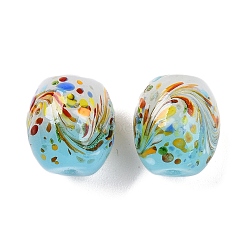 Handmade Lampwork Beads, Barrel with Flower, Two Tone, Medium Turquoise, 13~14x11.5~12mm, Hole: 1.2~2.5mm(X-LAMP-T023-01A-03)