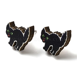 Wood Stud Earrings, with 316 Surgical Stainless Steel Pin, Halloween Theme, Black, Cat Shape, 13.5x15mm(EJEW-Z054-02G)