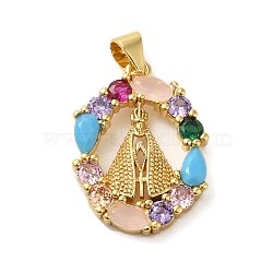 Rack Plating Brass Micro Pave Colorful Cubic Zirconia Pendants, Long-Lasting Plated, Cadmium Free & Lead Free, Oval with Pontiff Pattern Charms, Real 18K Gold Plated, 22.5x16.5x3.5mm, Hole: 3.5x4mm(KK-G488-11G)