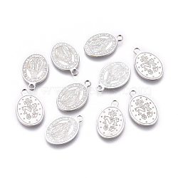 304 Stainless Steel Charms, Laser Cut, Oval, Miraculous Medal, Stainless Steel Color, 13.5x8.5x0.6mm, Hole: 1.5mm(STAS-L247-012P)