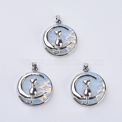 Opalite Kitten Pendants, with Brass Findings, Flat Round with Cat & Crescent Moon Shape, Platinum, 32x27.5x10mm, Hole: 5x7mm(G-K234-D16)