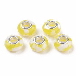 Resin European Beads, Large Hole Beads, with Platinum Plated Tone Brass Double Cores and Shell, Rondelle, Yellow, 13.5x8mm, Hole: 5mm(RPDL-S015-002B)