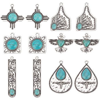 SUNNYCLUE 24Pcs 6 Style Tibetan Style Alloy Pendants, with Synthetic Turquoise, Cross & Rectangle & Glede, Antique Silver, 28~57.5x11.5~34.5x4.5~7mm, Hole: 1.8~3mm, 4pcs/style