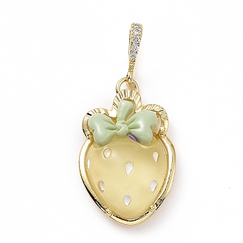 Opaque Resin Pendants, Strawberry Charm, with Brass Micro Pave Clear Cubic Zirconia Findings, Cadmium Free & Lead Free, Real 18K Gold Plated, Pale Goldenrod, 27.5x19.5x10mm, Hole: 4.5x7mm