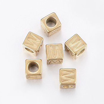 304 Stainless Steel Large Hole Letter European Beads, Horizontal Hole, Cube with Letter.W, Golden, 8x8x8mm, Hole: 5mm
