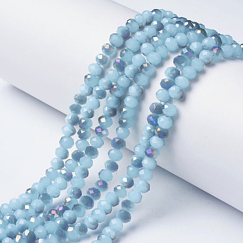 Electroplate Glass Beads Strands, Imitation Jade, Half Purple Plated, Faceted, Rondelle, Light Sky Blue, 6x5mm, Hole: 1mm, about 92~94pcs/strand, 17~17.5 inch(42.5~43.75cm)