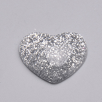 Resin Cabochons, with Glitter Powder, Heart, Silver, 14x16x5mm