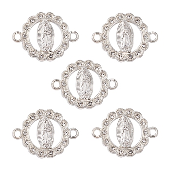 Flat Round Alloy Connector Charms, Religion Virgin Mary Links, with Crystal Rhinestone, Nickel, Silver, 20x17x2mm, Hole: 1.6mm