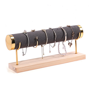 Velvet T Bar Bracelet Display Rack, Jewelry Organizer Holder with Woode Base, for Bracelets Watch Storage, Gray, 29x7x12.5cm