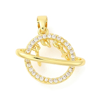 Rack Plating Brass Micro Pave Cubic Zirconia Pendants, Long-Lasting Plated, Lead Free & Cadmium Free, Planet, Real 18K Gold Plated, 15x18x5mm, Hole: 3x5mm