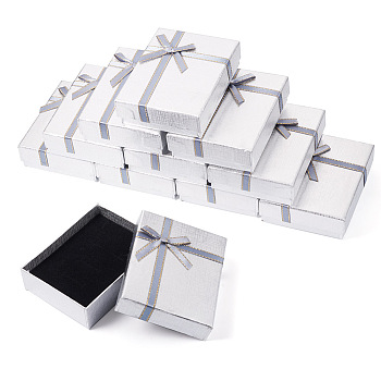 Rectangle Paper Jewelry Set Storage Boxes with Bowknot, Necklaces Rings Gift Case with Sponge Inside, Gainsboro, 8.7x6.7x2.6cm