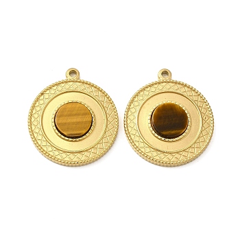 Natural Tiger Eye Pendants, Flat Round Charms, with Vacuum Plating Real 18K Gold Plated 201 Stainless Steel Findings, 28.5x25x3.5mm, Hole: 2mm