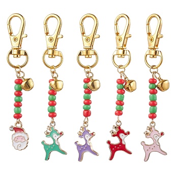 Christmas Theme Alloy Enamel Pendant Decorations, Glass Seed Beaded and Zinc Alloy Lobster Claw Clasps Charms, Deer & Santa Claus, Golden, 78~85mm