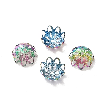 Ion Plating(IP) 304 Stainless Steel Flower Fancy Bead Caps, Multi-Petal, Rainbow Color, 10x9x4.5mm, Hole: 1mm