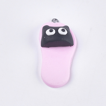 Handmade Polymer Clay Pendants, with Iron Findings, Slipper with Bear, Platinum, Pearl Pink, 42~43x19~20x11~14mm, Hole: 1.5mm
