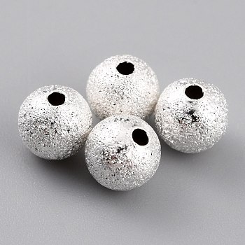 Long-Lasting Plated Brass Beads, Textured Beads, Round, 925 Sterling Silver Plated, 6mm, Hole: 1.2mm