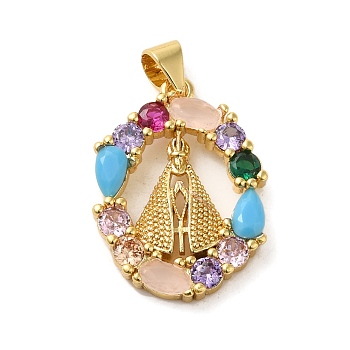 Rack Plating Brass Micro Pave Colorful Cubic Zirconia Pendants, Long-Lasting Plated, Cadmium Free & Lead Free, Oval with Pontiff Pattern Charms, Real 18K Gold Plated, 22.5x16.5x3.5mm, Hole: 3.5x4mm