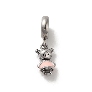304 Stainless Steel Enamel European Dangle Charms, Large Hole Pendants, Girl, Antique Silver, Pink, 23mm, Pendant: 14x7.5x5mm, Hole: 4.5mm