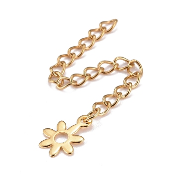 304 Stainless Steel Chain Extender, Curb Chain, with 202 Stainless Steel Charms, Flower, Golden, 63mm, Link: 3.7x3x0.5mm, Flower: 10.5x8x0.4mm
