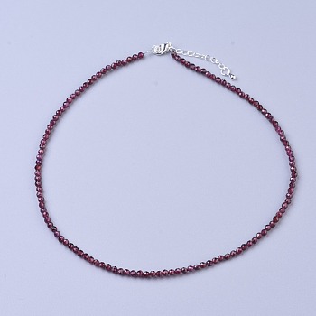 Natural Garnet Beaded Necklaces, with Brass Lobster Claw Clasps, Faceted Round Beads, 16.5 inch~16.7 inch(42~42.5cm)x3~3.5mm