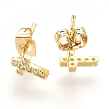 Brass Ear Studs, with Cubic Zirconia, Lead Free & Cadmium Free & Nickel Free, Cross, Clear, Golden, 8x5x1.5mm, Pin: 0.8mm